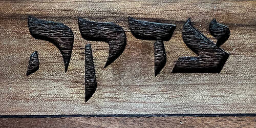 Image of word Tzedakah in Hebrew etched into wood